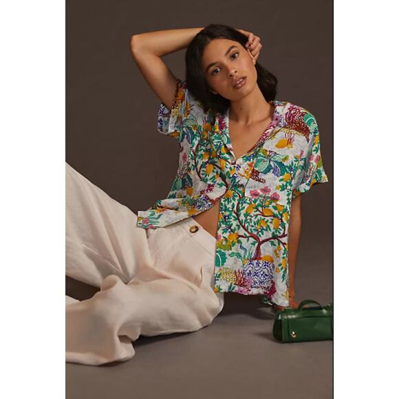 Anthropologie MAEVE CLASSIC SURF SHIRT Linen Blend Tropical Print S $98 - Picture 2 of 9